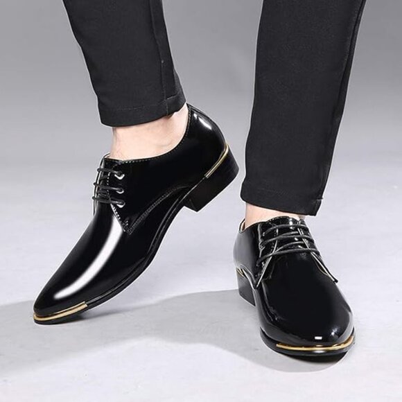 Santimon Men's US 8, 12 Black Patent Leather Lace Up Pointed Toe Oxford Shoes  P - Picture 8 of 10